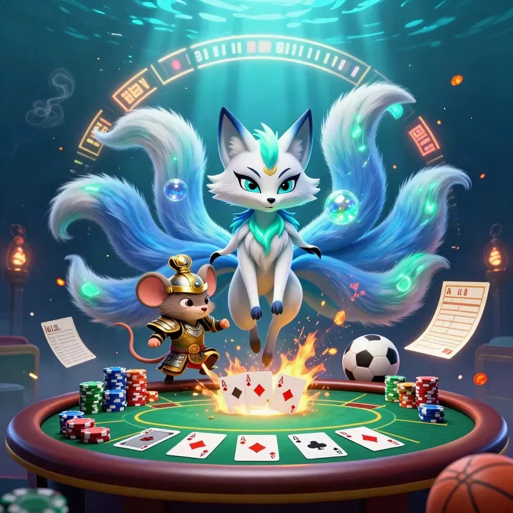 Neon fox spirit and golden samurai mouse amid poker chips, balls, and blue light