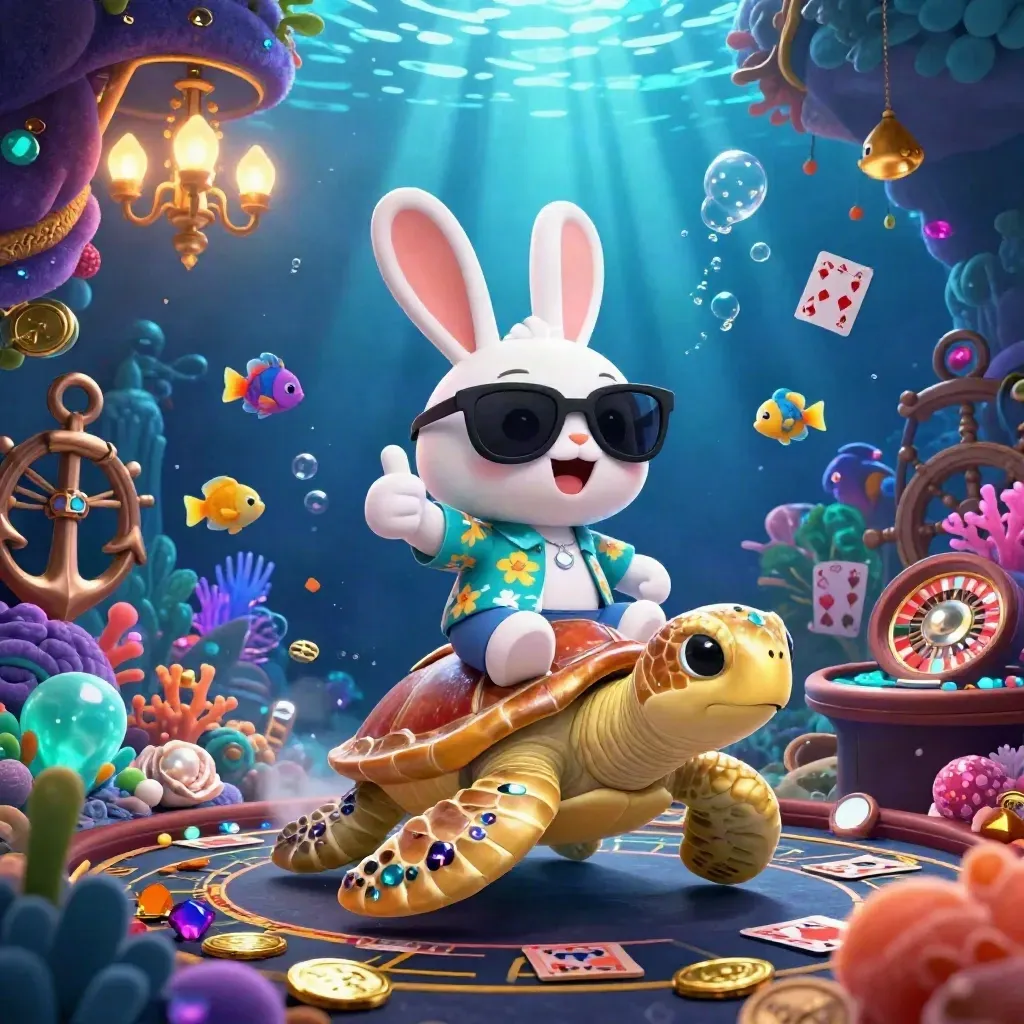 Cartoon rabbit on a golden sea turtle in an underwater casino cove with glowing treasure and cards.