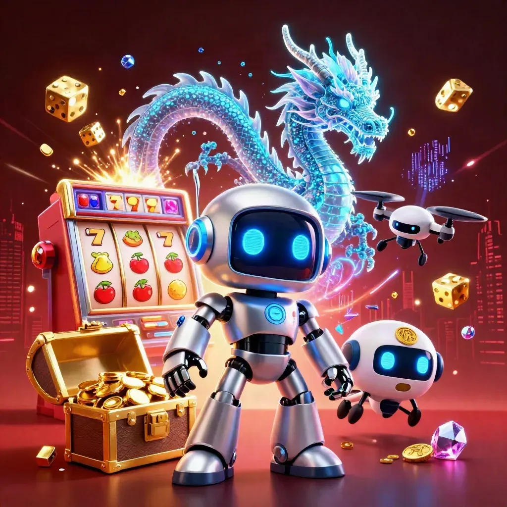 Cyberpunk robot, holographic dragon, and coin drone amid slot bursts and gold
