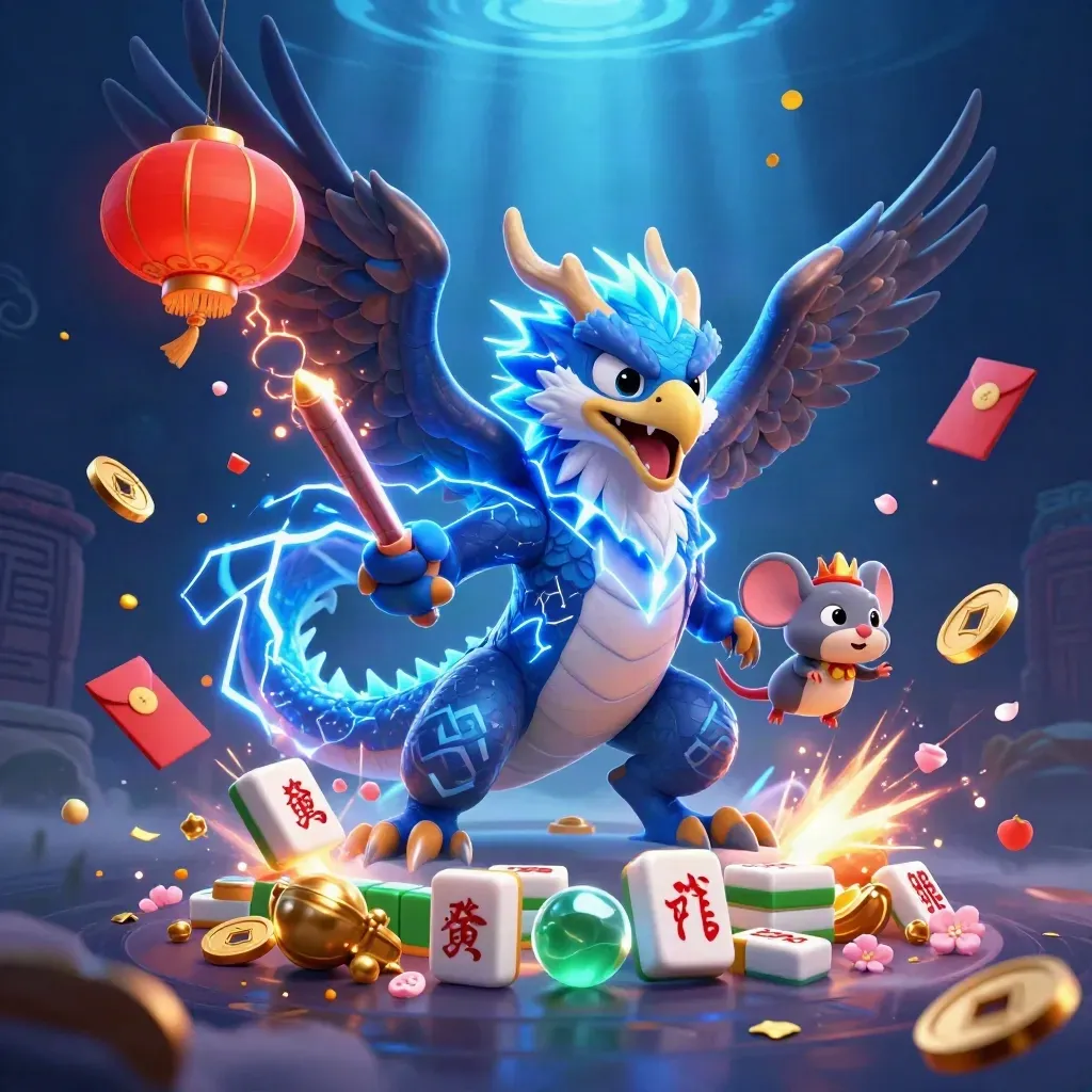 Thunder dragon, wind hawk and static mouse amid teal casino treasure bursts.