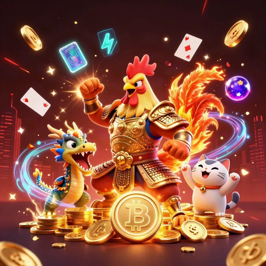 Rooster warrior, dragon hatchling, and fortune-cat amid exploding coins, sparks, and neon casino effects.