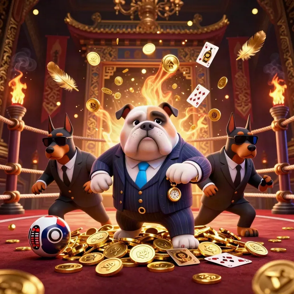 Bulldog boss and Doberman guards amid vault burst, coins, fireworks, temple gate, and casino lights.