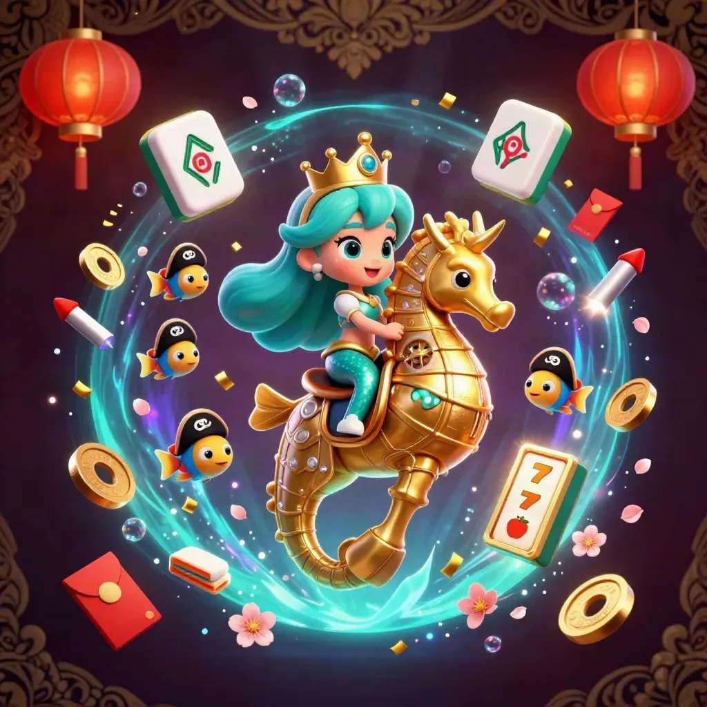 Mermaid princess on armored seahorse amid lanterns, coins, fish, reels, and glowing casino effects.