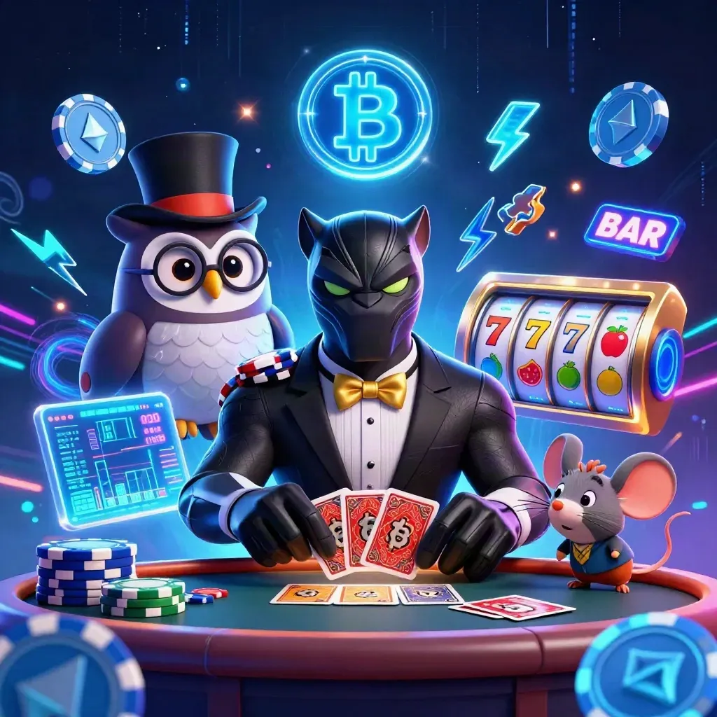 Panther, owl, and mouse in a neon casino burst with coins, reels, chips, and lightning.