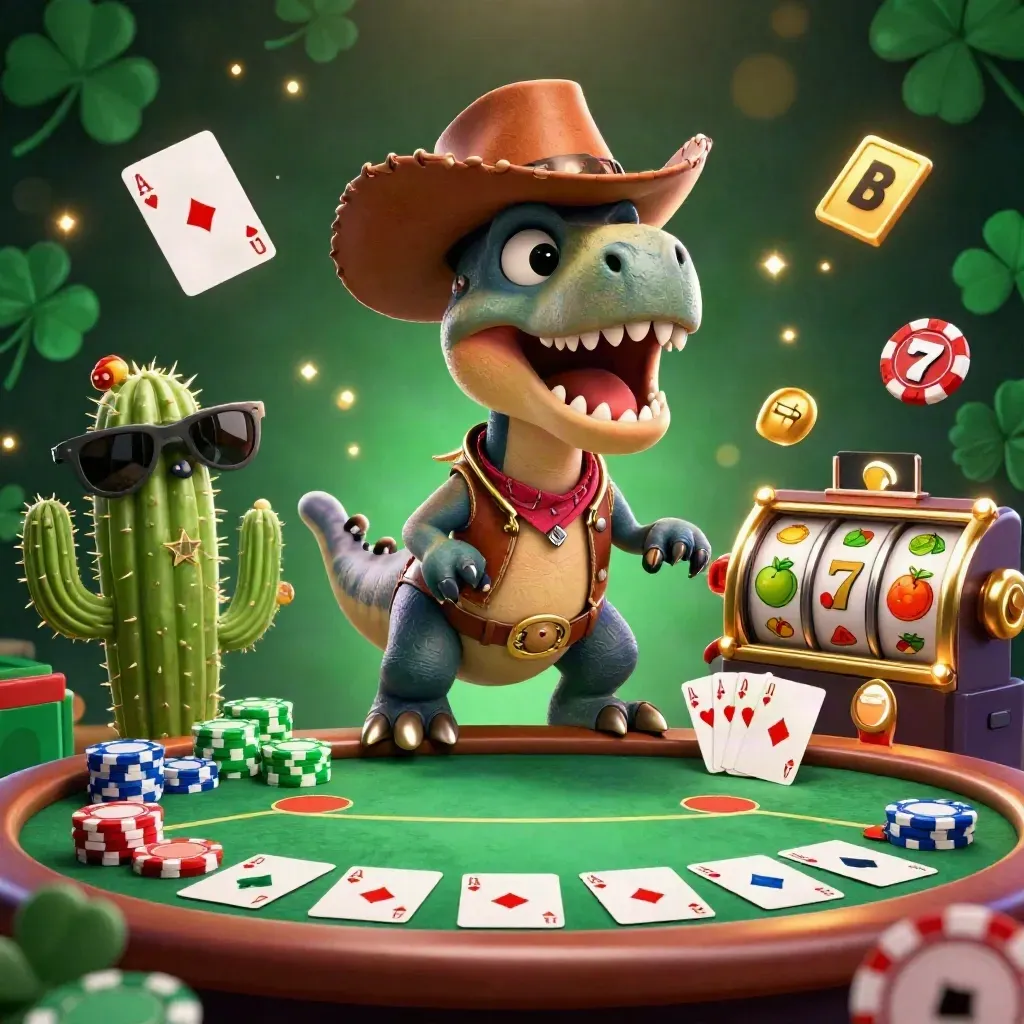 Cowboy T-Rex, cactus sidekick, and roadrunner amid poker chips and casino glow
