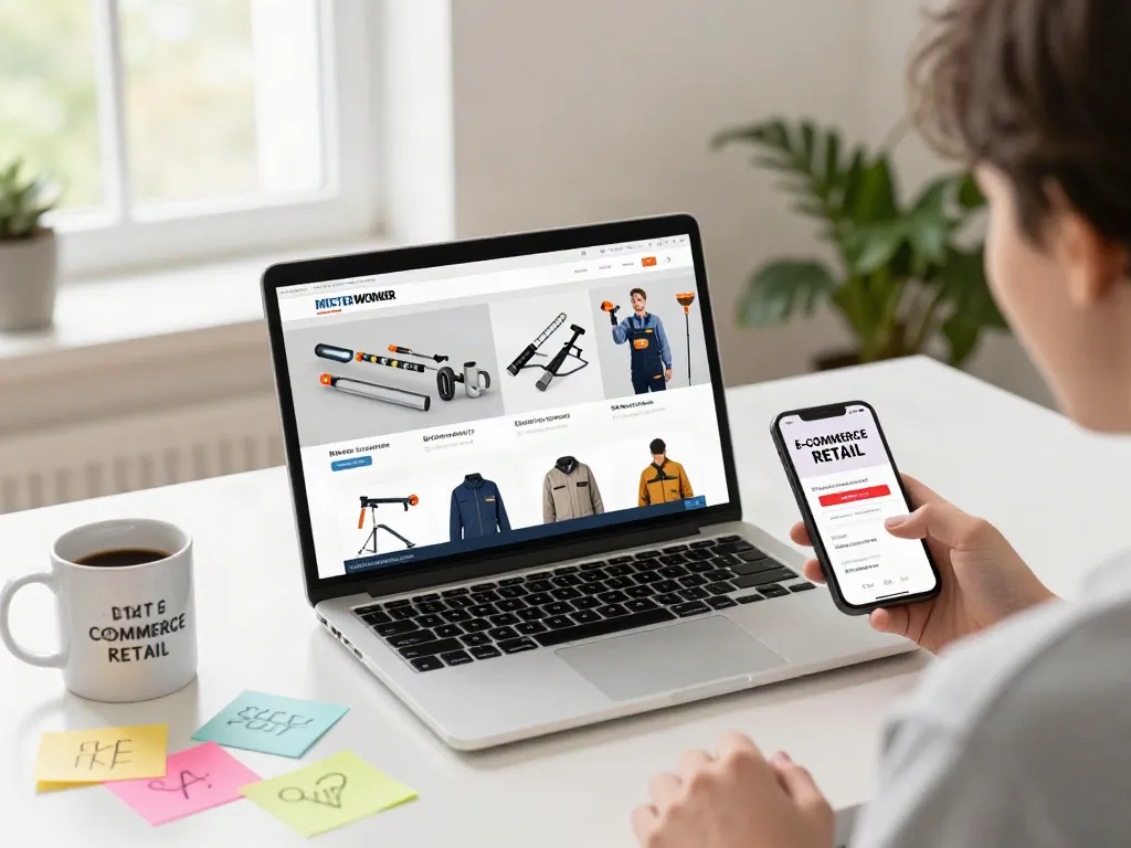 Person excitedly using a mister worker discount code while shopping online for tools in a bright home office.